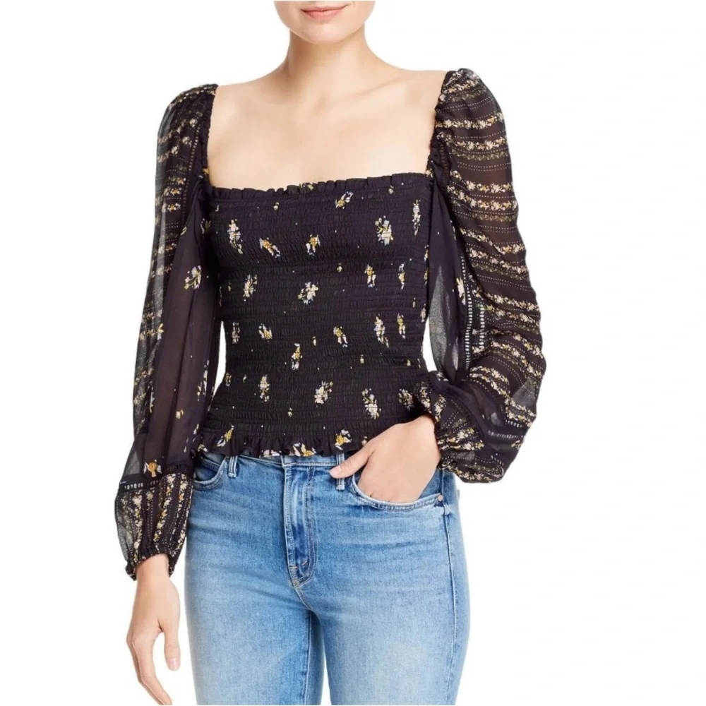 SOLD Anthropologie Dolan Pieta Balloon Sleeve Smocked Floral Blouse Large Black - Picture 3 of 11
